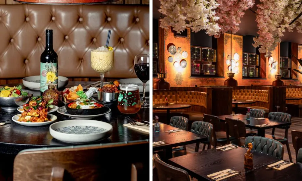 elegant floral restaurant interiors and a table set with cocktails and Indian small plates