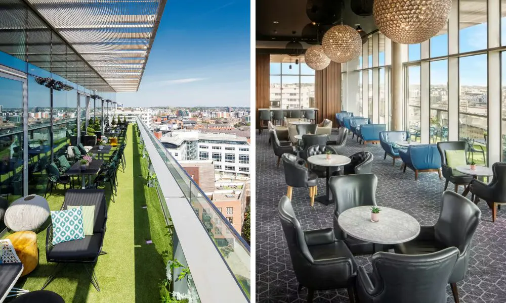rooftop terrace and elegant dining room with sprawling city views
