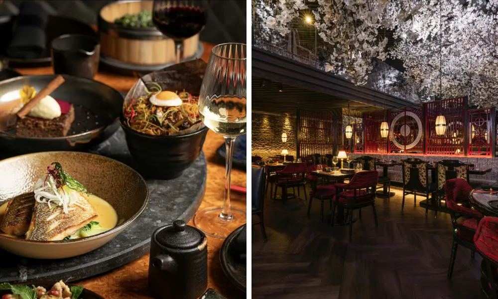 an elegant floral dining room and a selection of Asian cuisine on a table