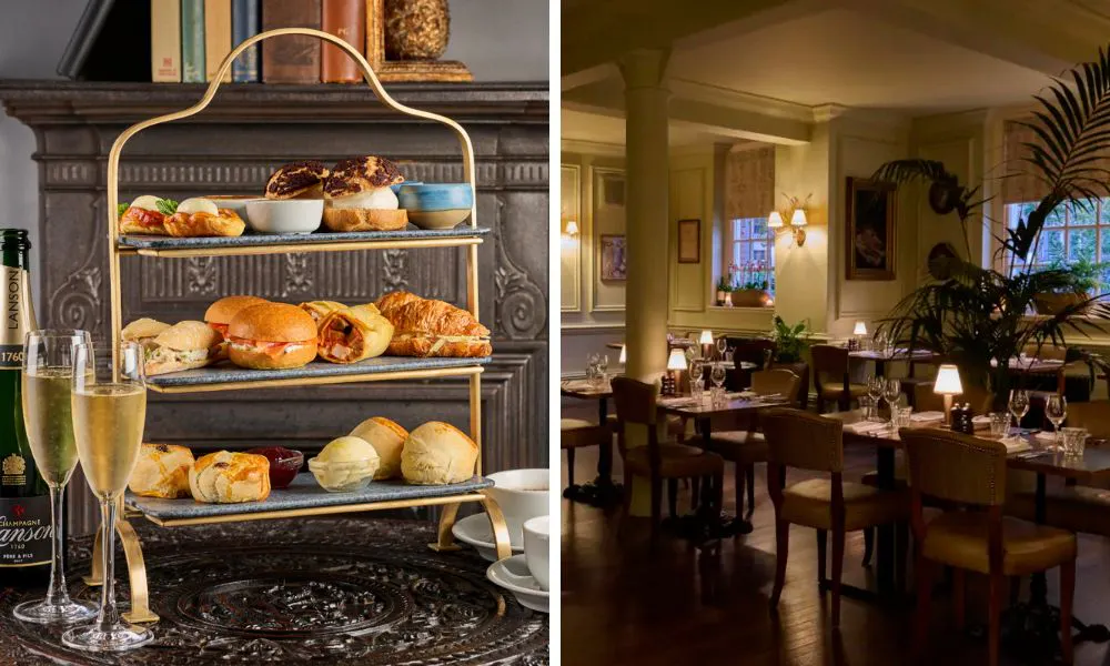 an afternoon tea stand with scones and snacks, and a neutral restaurant dining room
