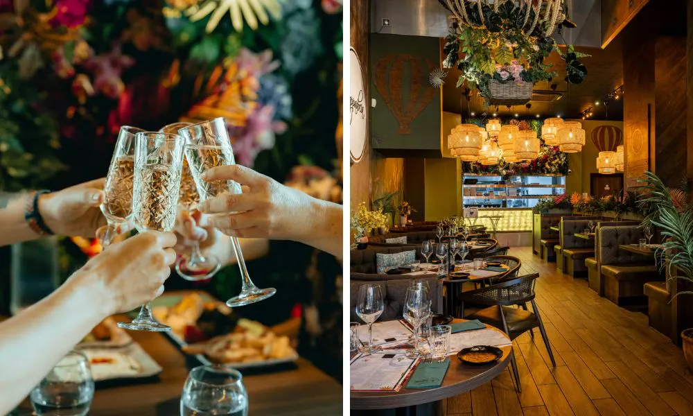 people drinking Prosecco, and neutral restaurant interiors full of foliage