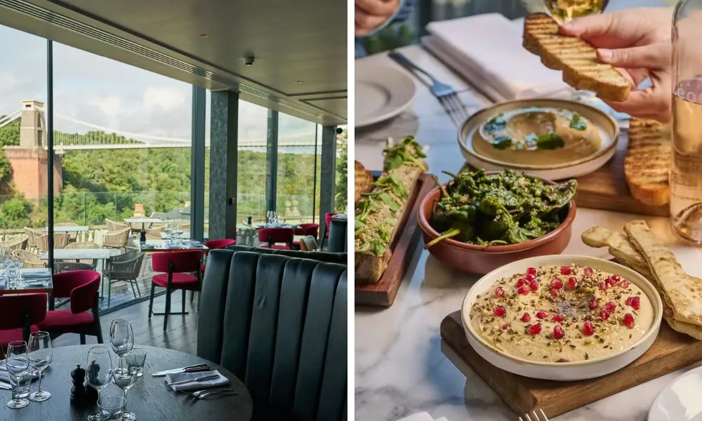an elegant restaurant with scenic views of Clifton Bridge
