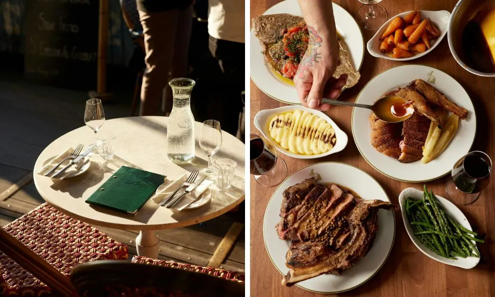 a simple, bistro-style table setting, and a selection of seasonal dishes on a table