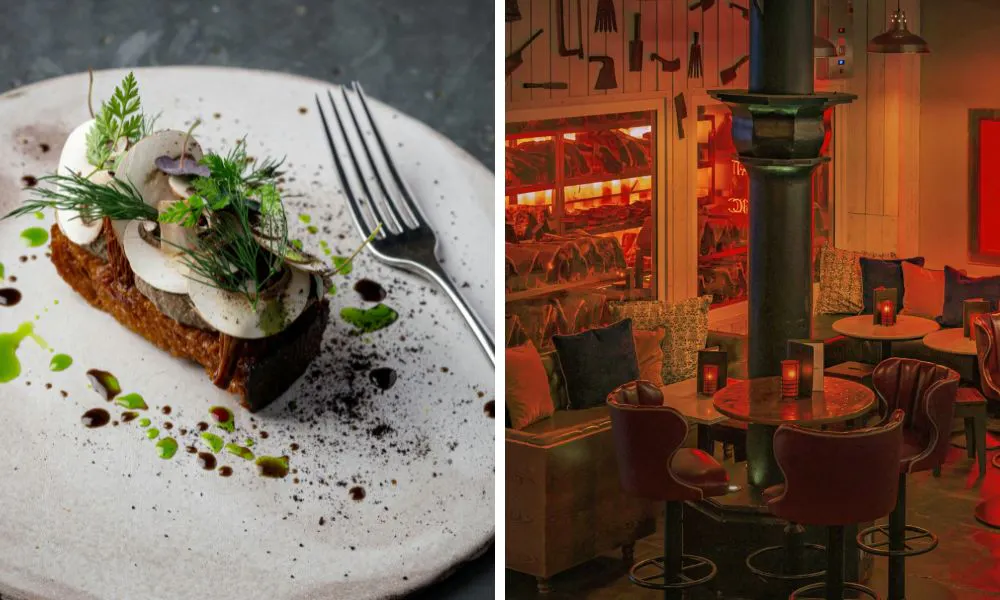 an elegant starter with mushrooms, and a moody, low-lit restaurant dining room
