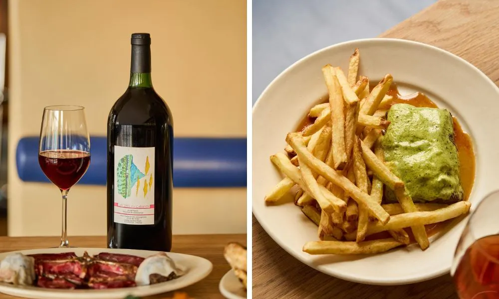 bottle of red wine and steak frites