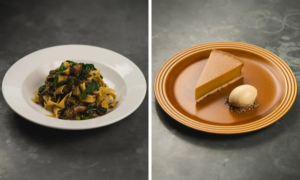 tagliatelle with beef and basil and caramel tart with ice cream