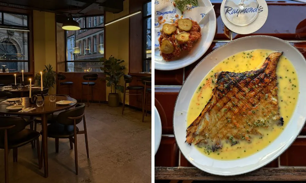 modern dining room and fish with roe and butter sauce