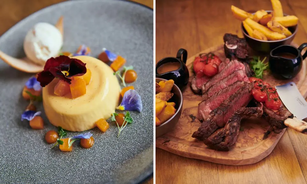 steak and chips with a dessert
