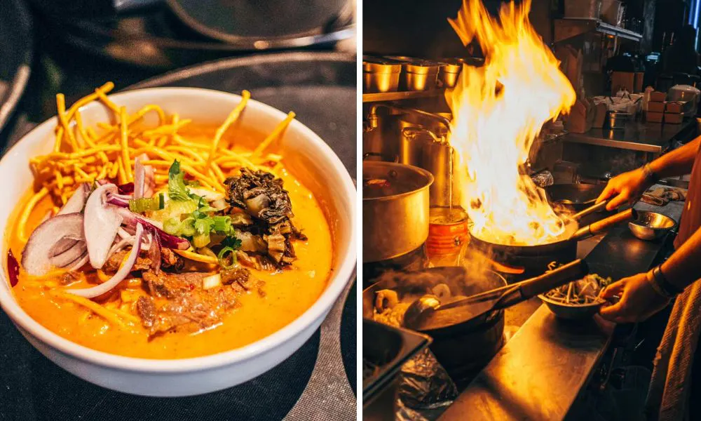 Wok over fire and noodle dish