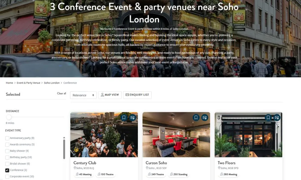 SquareMeal search function for conference venues in Soho