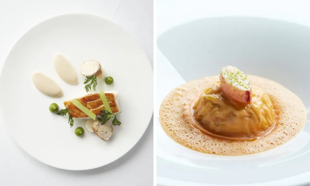 fine dining dishes including fish with pea puree