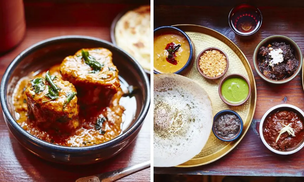 curry and dosa with chutneys and sauces