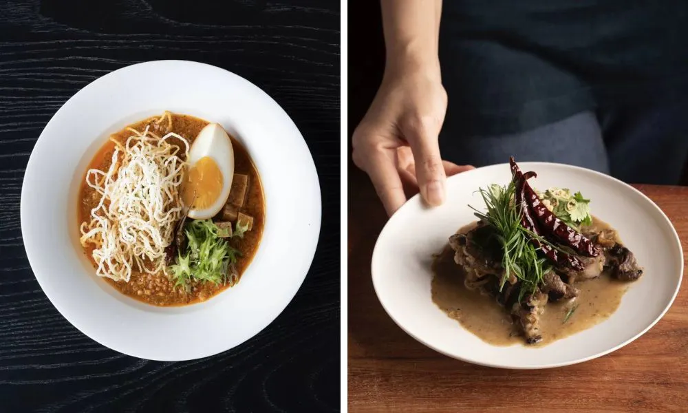 ramen with crispy noodles and egg and meat with chilli and rosemary