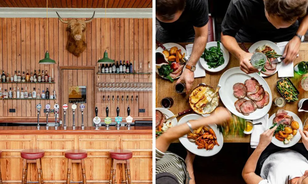 wooden bar at pub with red stools and sunday roast with beef