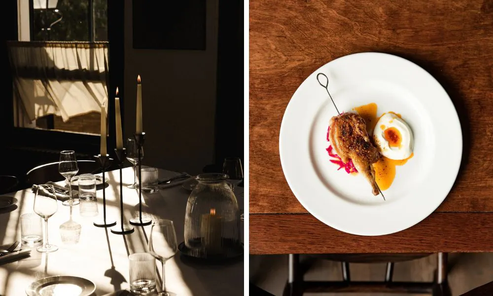 candlesticks on dining table and chicken leg with labneh and pickled onion