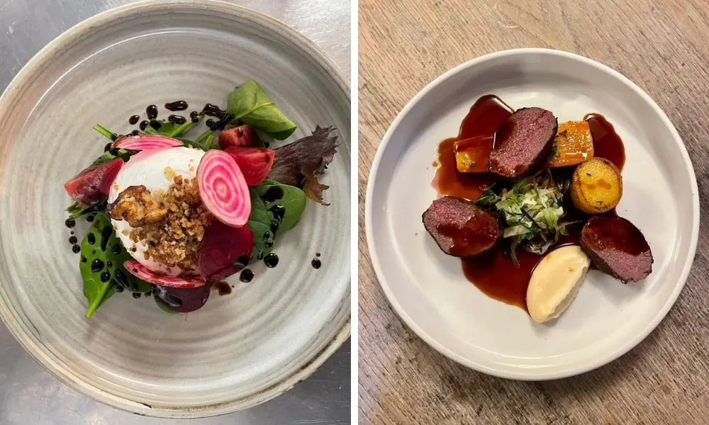 burrata with balsamic and salad and beef with mash potato and jus