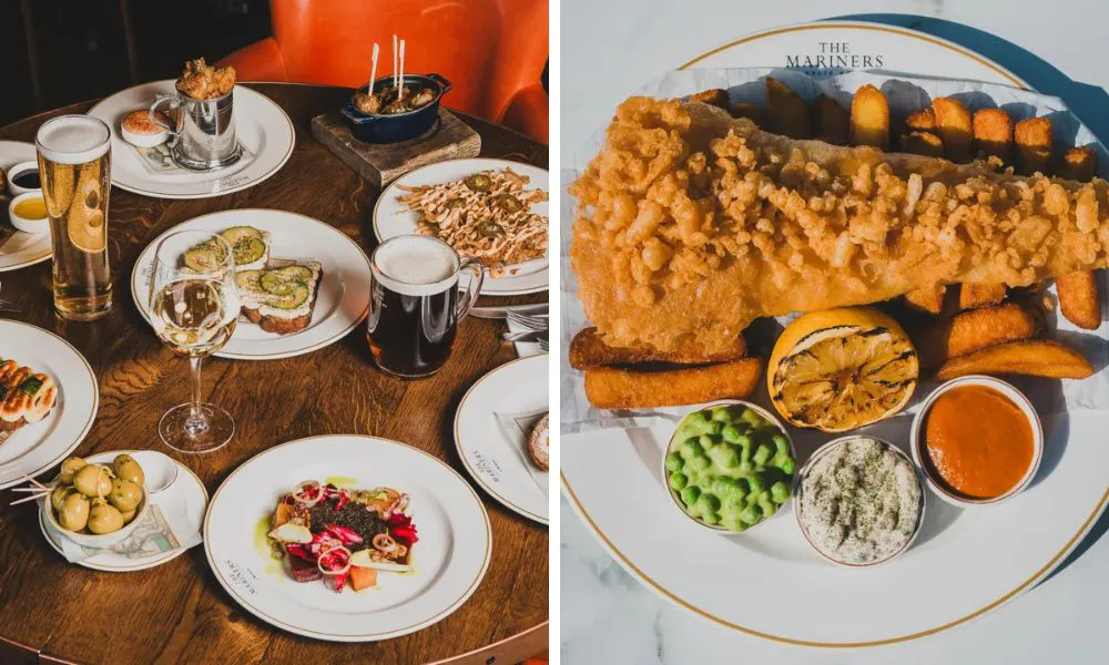 array of small plates with beer and wine and fish and chips