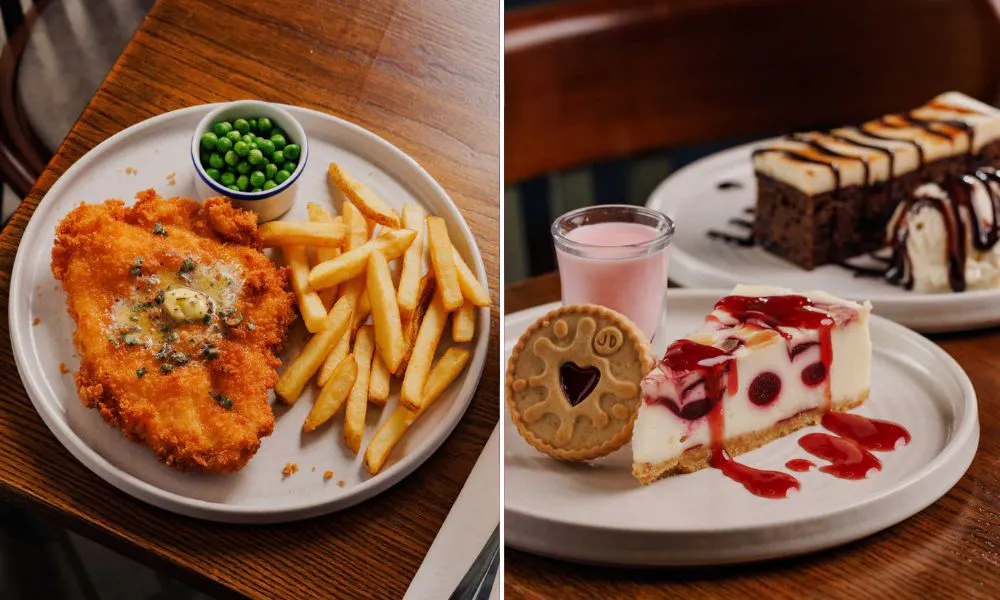 Chicken schnitzel and chips and cheesecake
