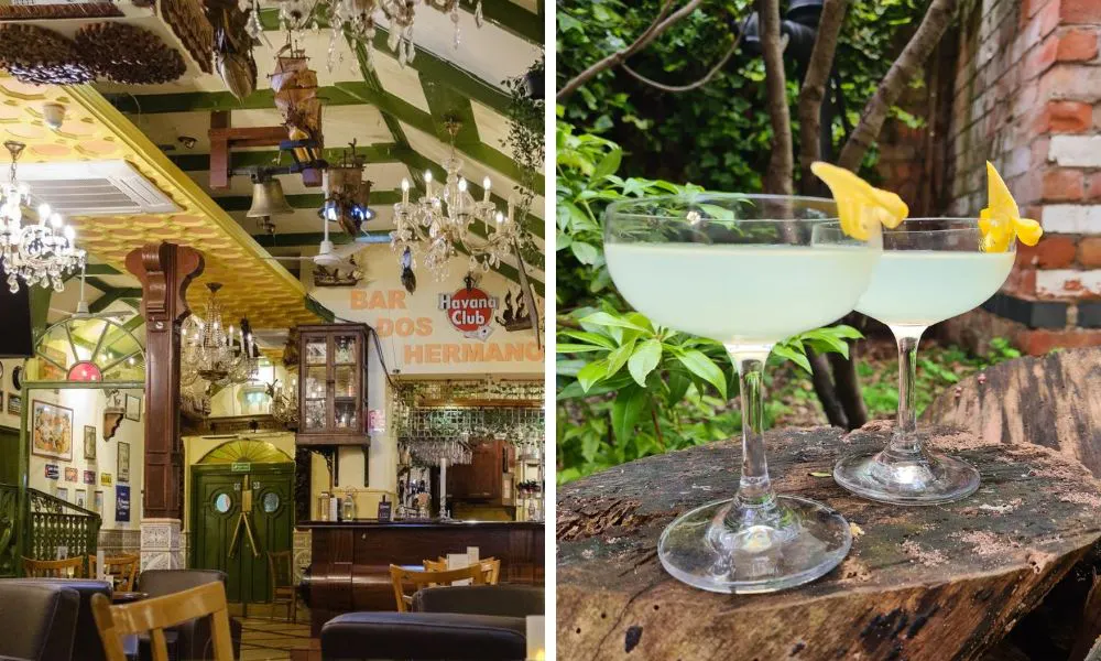 quirky restaurant interiors with chandeliers and two cocktails for happy hour