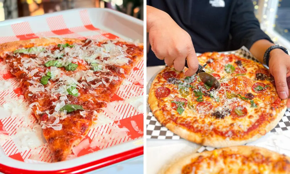 slice of pizza and person using pizza cutter