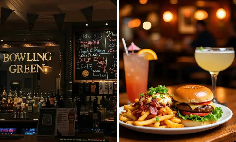 behind a bar at a pub and burger with fries and cocktails