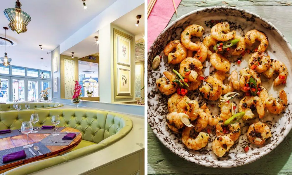 green dining room with purple napkins and pad thai with prawns
