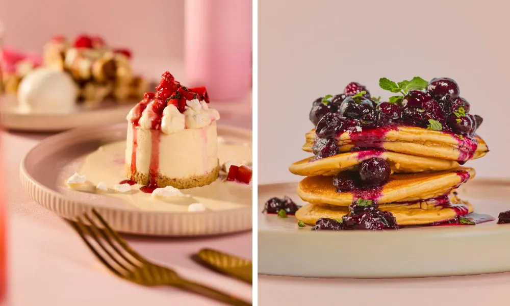 cheesecake with cream and stack of pancakes with cherries