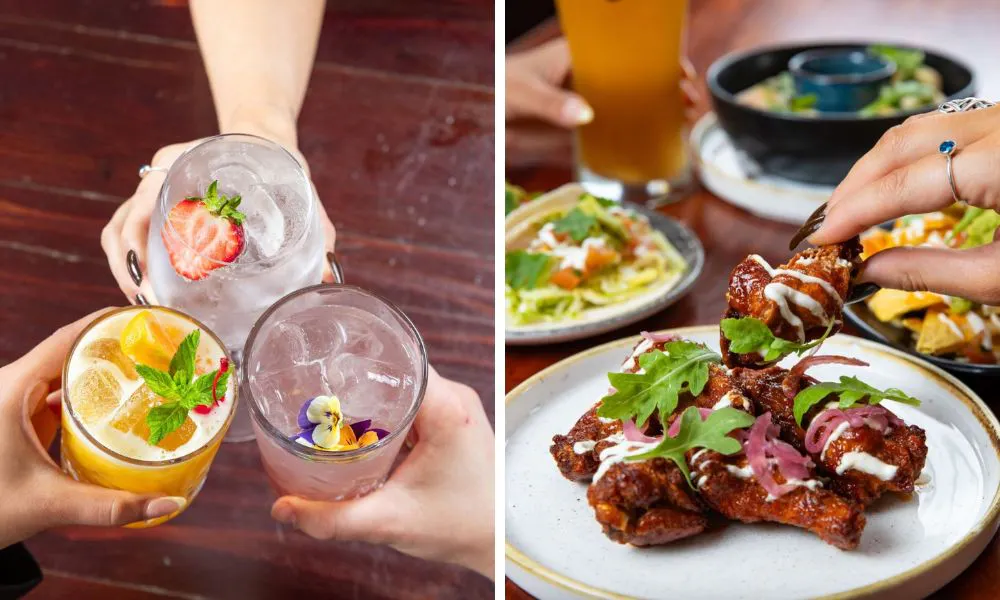 three cocktails with garnish and chicken wings with rocket