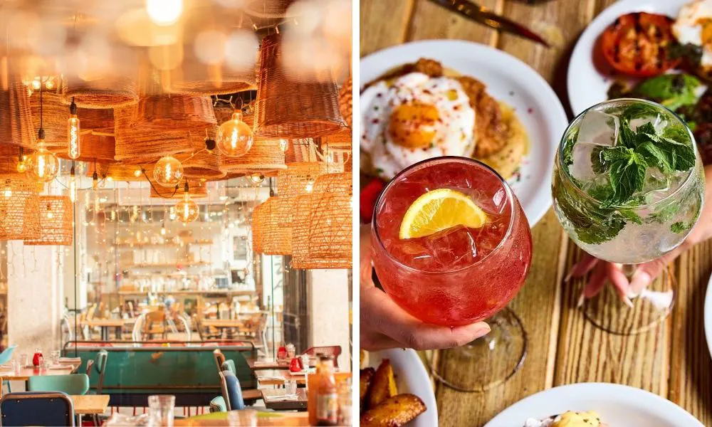 restaurant with hanging lights and spritz with mint and lemon