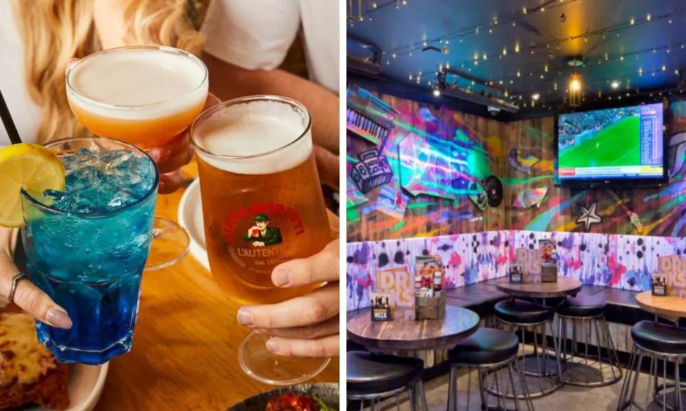 beer martini and blue cocktail and bar with tv screen