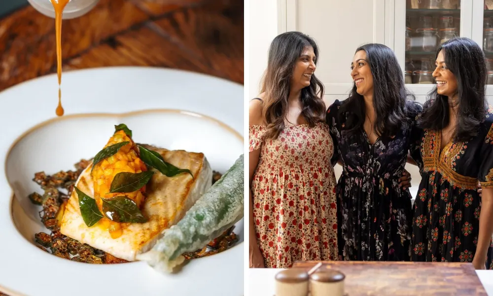 fish dish and three women standing at chopping board