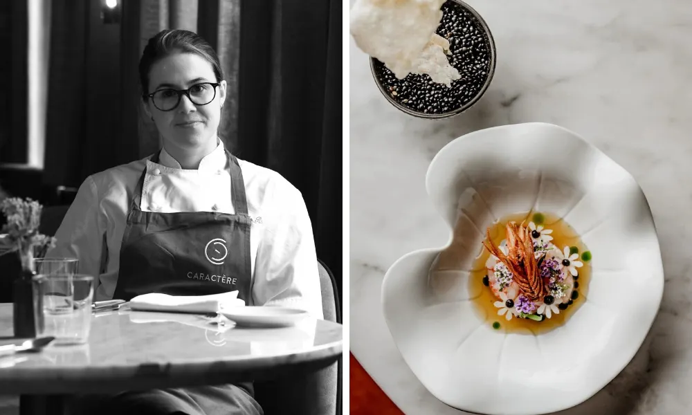 Chef emily roux with prawn dish 