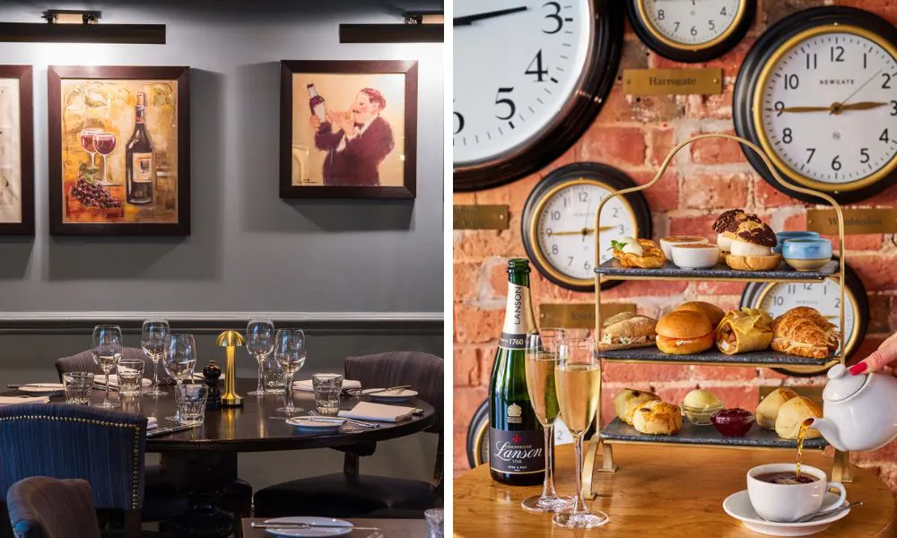 sleek brasserie-style dining rooms, and tiered afternoon tea stands