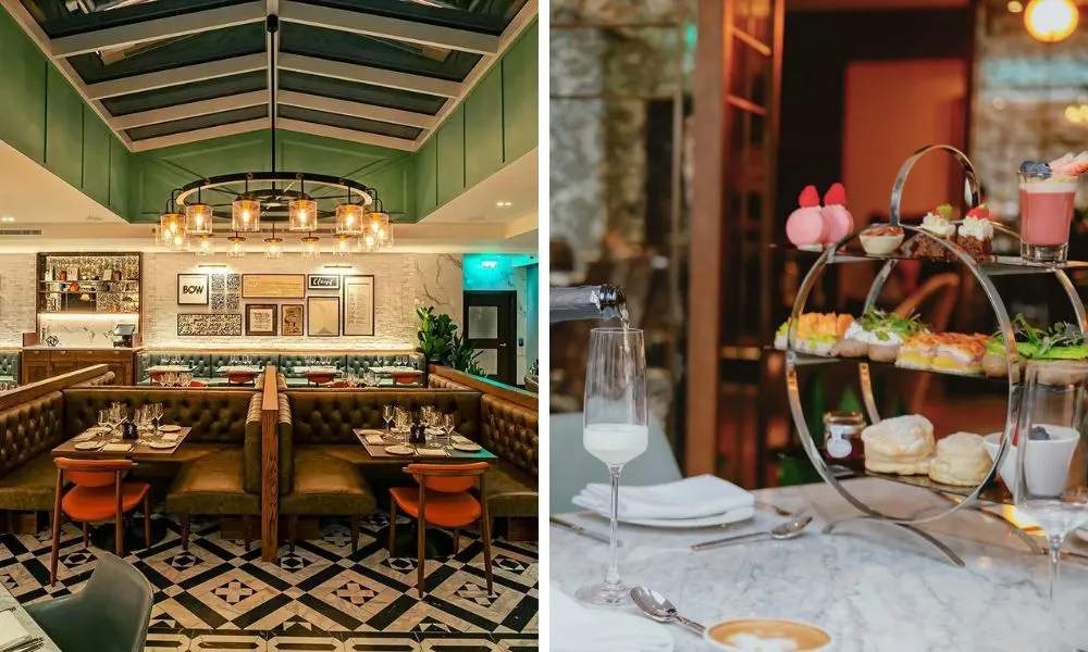 sleek olive green restaurant interiors, and a tiered stand of afternoon tea treats