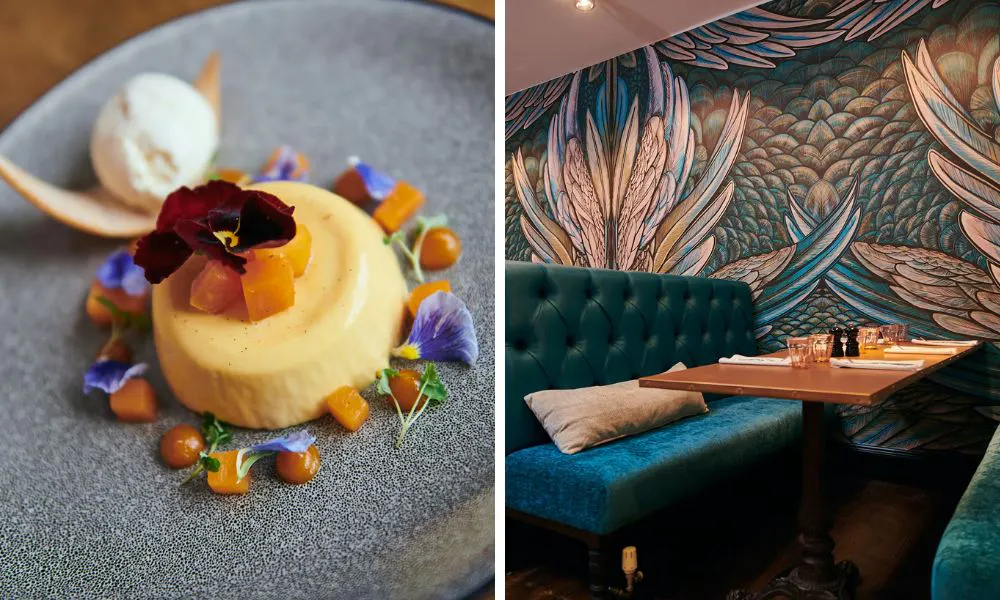 panna cotta and plush booth with dramatic wall mural