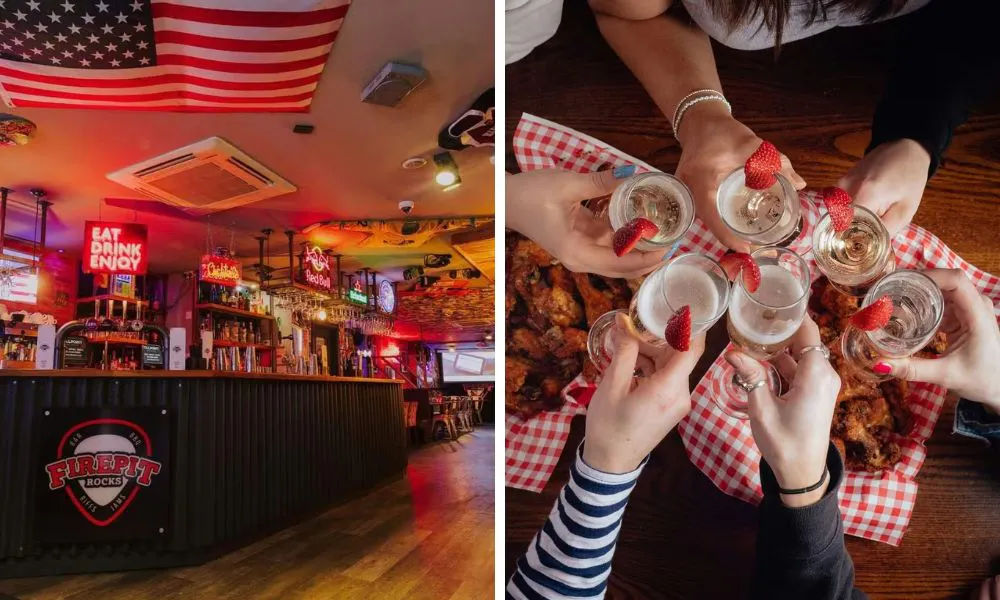 American-style interiors, and people eating chicken wings and drinking Prosecco