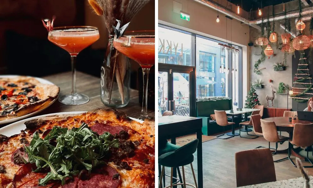 pizza and cocktails on a table and funky restaurant interiors