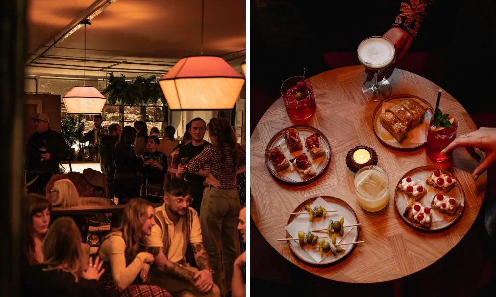 crowds chatting and drinking at a bar and a table with snacks and nibbles