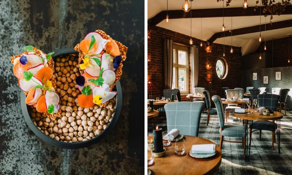colourful restaurant snacks and relaxed restaurant interiors with hanging lightbulb fixtures
