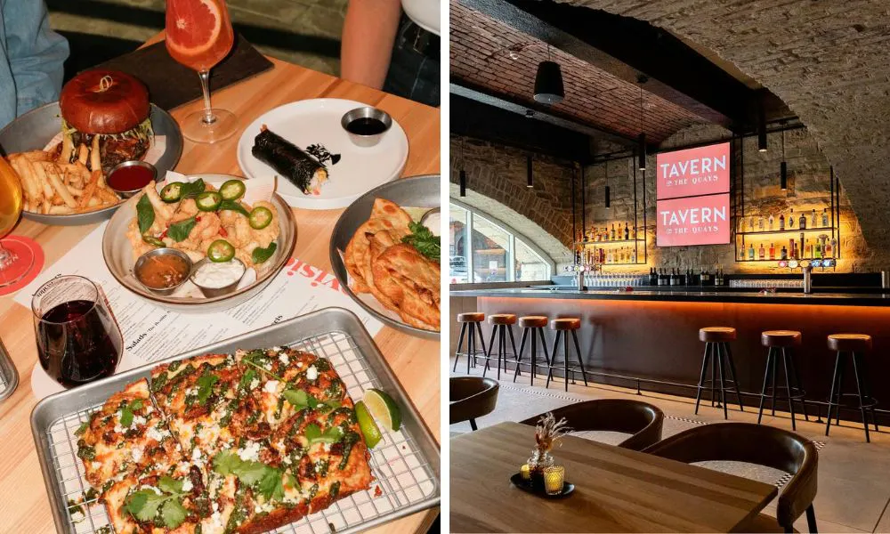 a selection of pizzas, burgers, and sharing plates on a table, and sytylish bar interiors