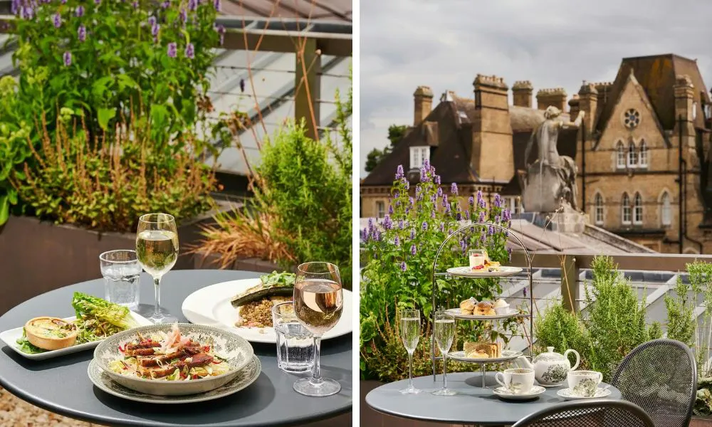 a selection of British dishes and an afternoon tea on a rooftop