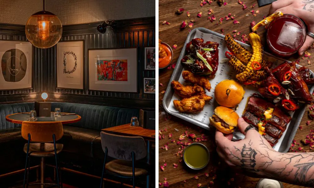 colourful restaurant interiors and sharing platters of burgers and meat