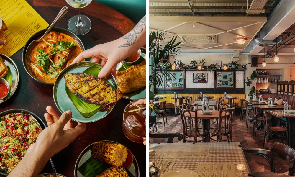 a selection of Indian small plates and a Bombay-cafe-style dining room