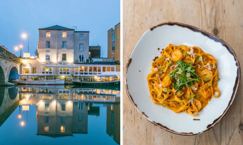 a restaurant on the river, and a plate of seafood pasta