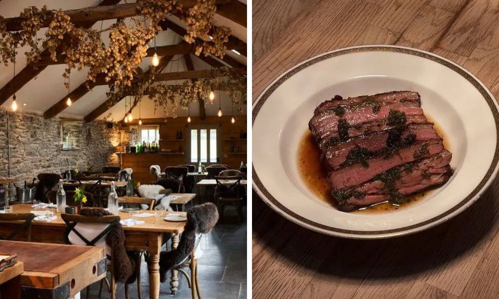 dining room with blankets and wooden beams and steak with jus