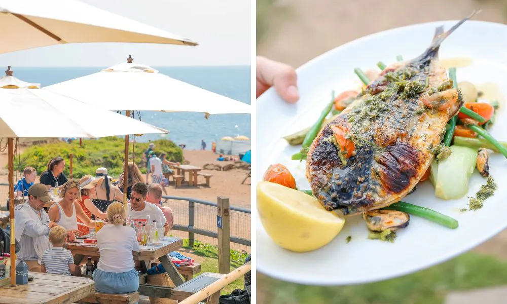family eating at beachside restaurant and fish with vegetables and lemon