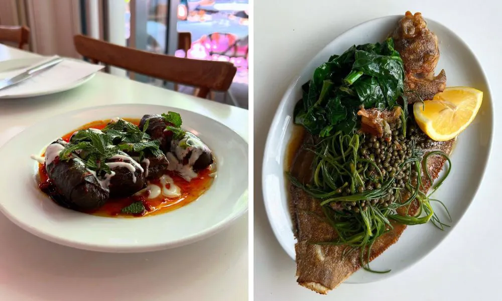 stuffed vine leaves and whole fish with capers and lemon