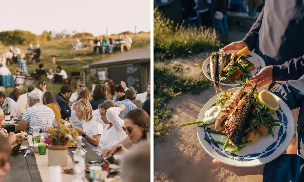 people eating on outdoor benches and fish with rocket lemon and chips