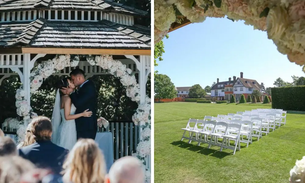chairs set up on a lawn for an outdoor wedding ceremony, and a bride and groom kissing