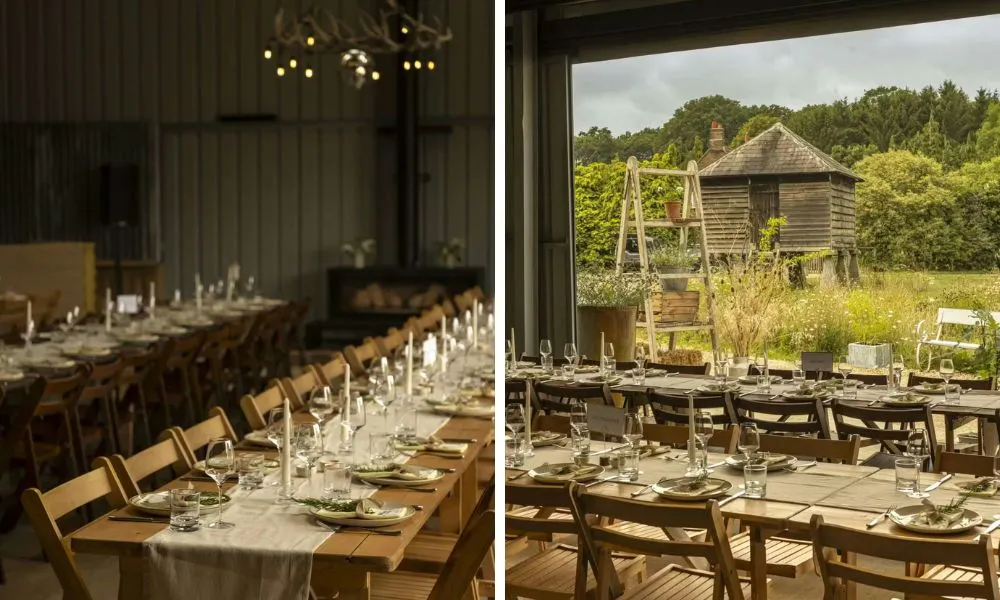 a rustic, barn setting for a wedding breakfast